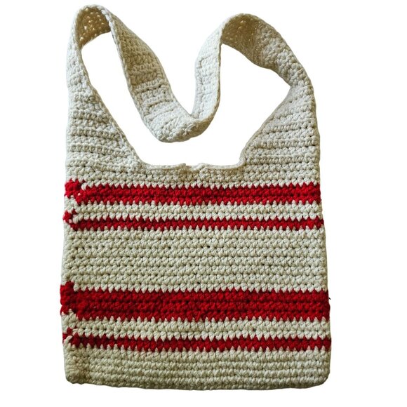 Hand Crochet Large Red White Striped Wool Boho Handmade Purse Crossbody 14x12 - Picture 2 of 6